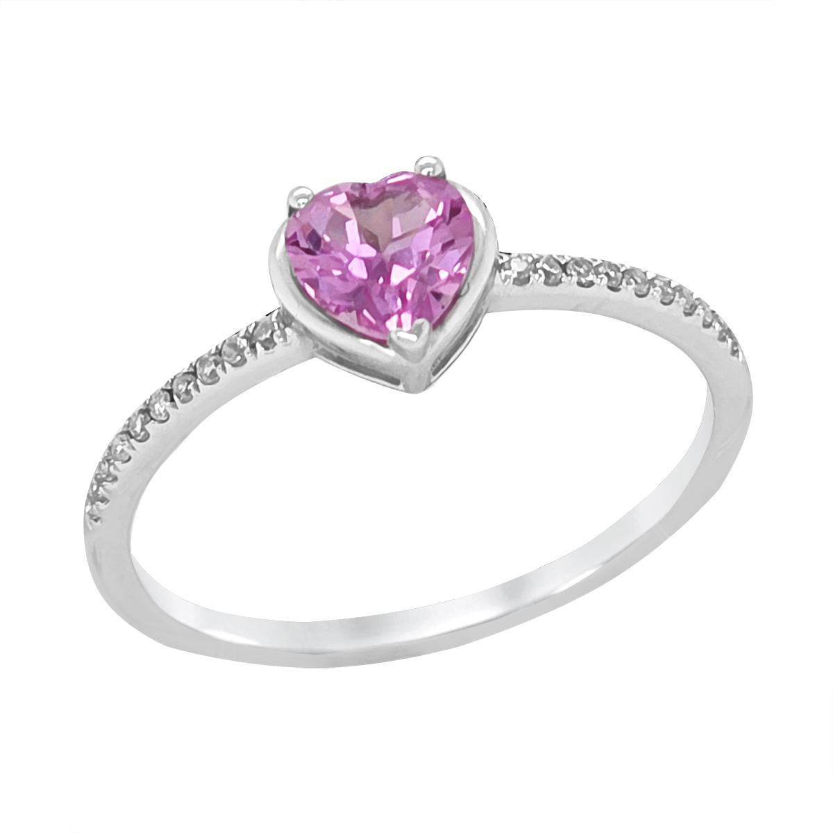 WHITE GOLD LAB GROWN HEART PINK SAPPHIRE RING, .08 CT TW