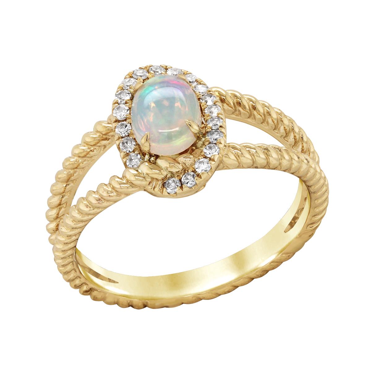 YELLOW GOLD SPLIT SHANK FASHION RING WITH OPAL AND DIAMOND HALO, .13 CT TW