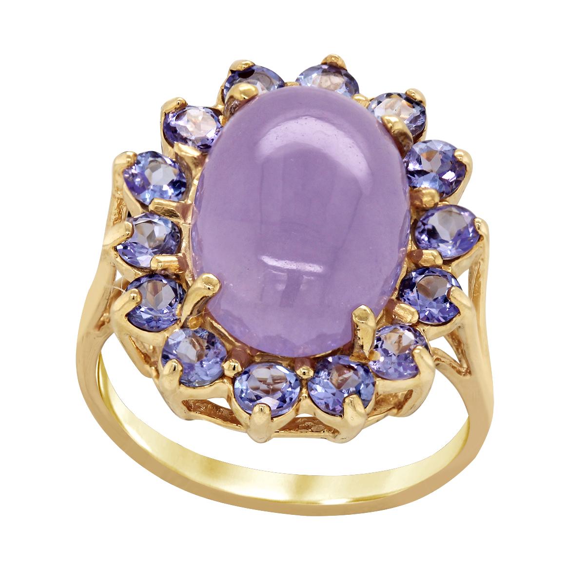 YELLOW GOLD LAVENDAR JADE AND TANZANITE COCKTAIL RING