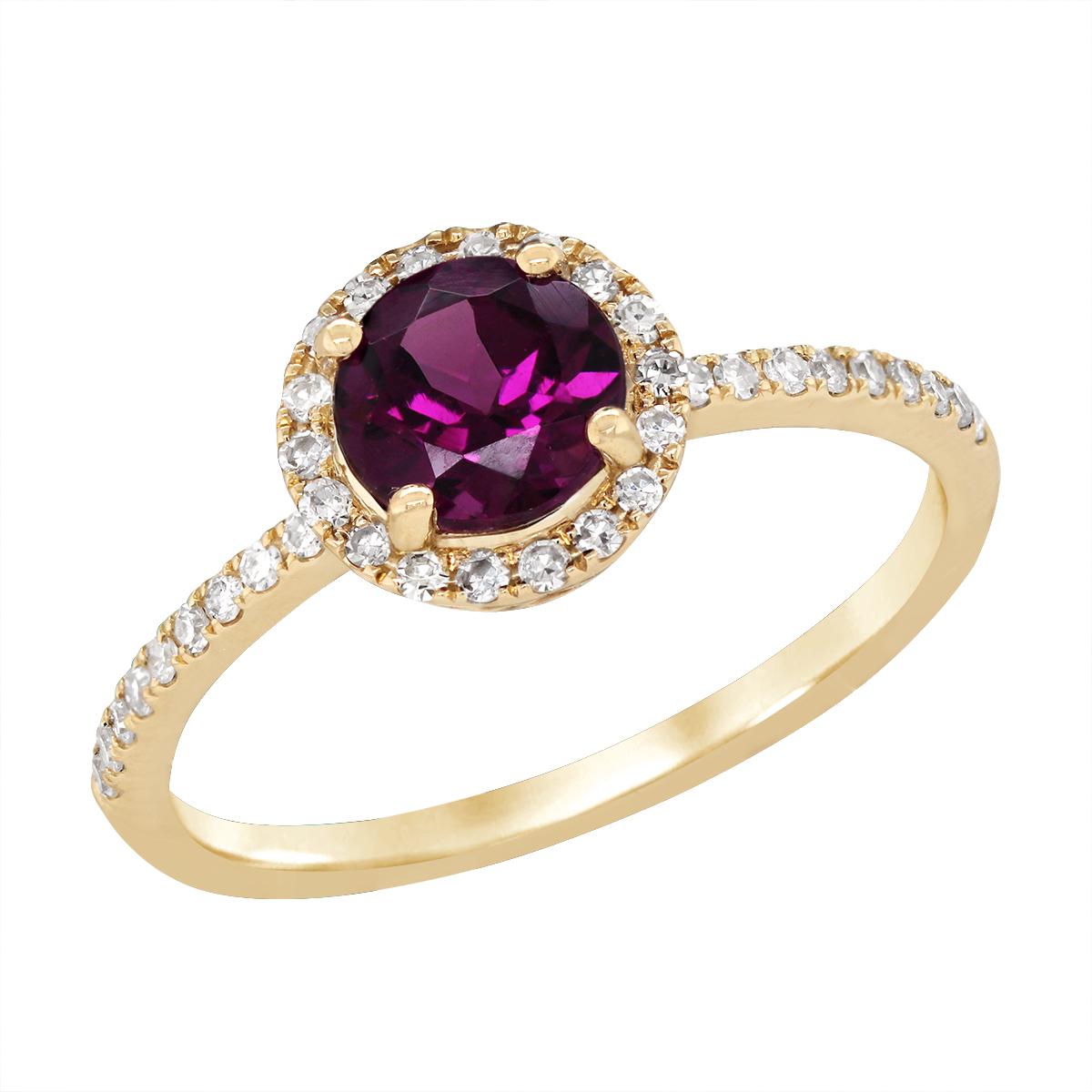 YELLOW GOLD RHODOLITE GARNET RING WITH DIAMOND HALO, .17 CT TW