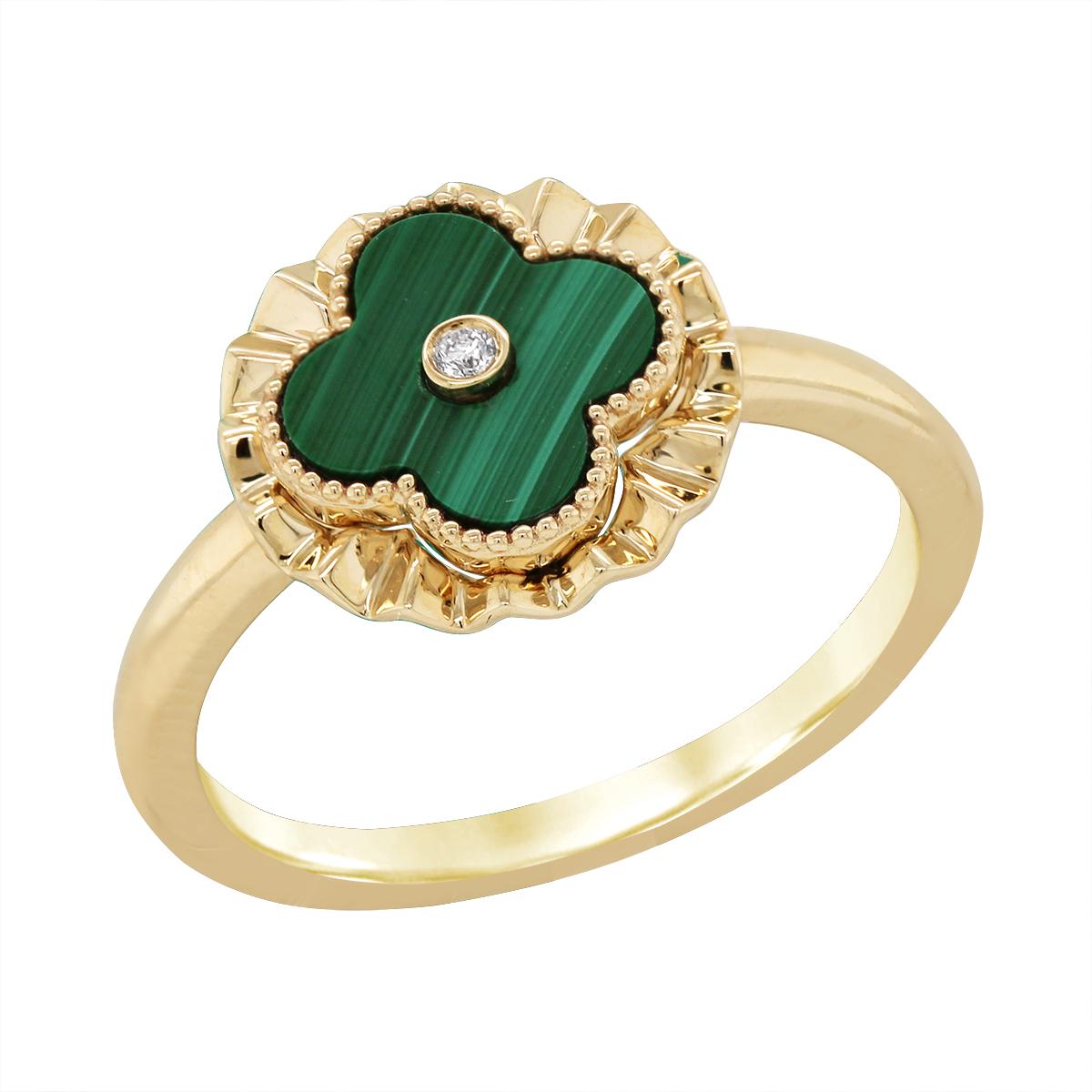 YELLOW GOLD CLOVER MALACHITE AND DIAMOND RING