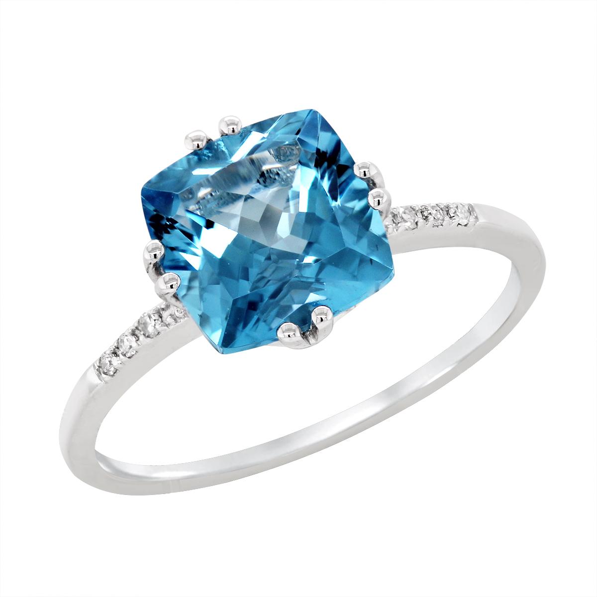 WHITE GOLD CUSHION BLUE TOPAZ RING WITH SIDE DIAMONDS, .02 CT TW