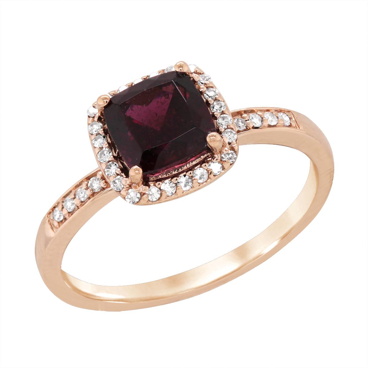 ROSE GOLD CUSHION RHODOLITE GARNET RING WITH DIAMOND HALO, .13 CT TW
