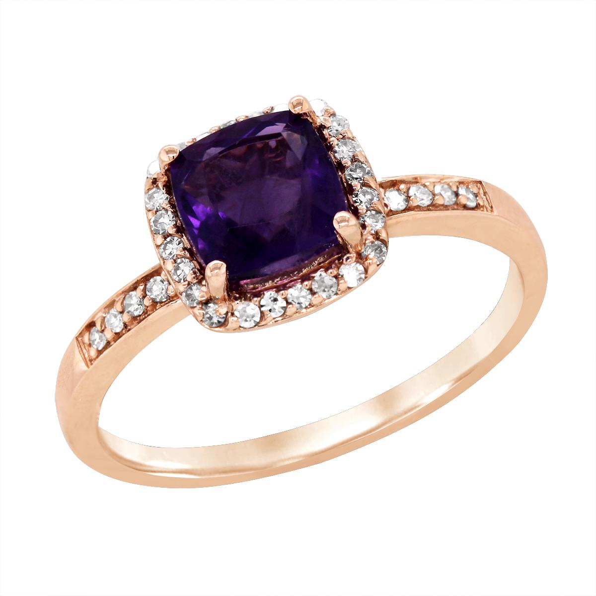 ROSE GOLD CUSHION AMETHYST RING WITH DIAMOND HALO, .13 CT TW
