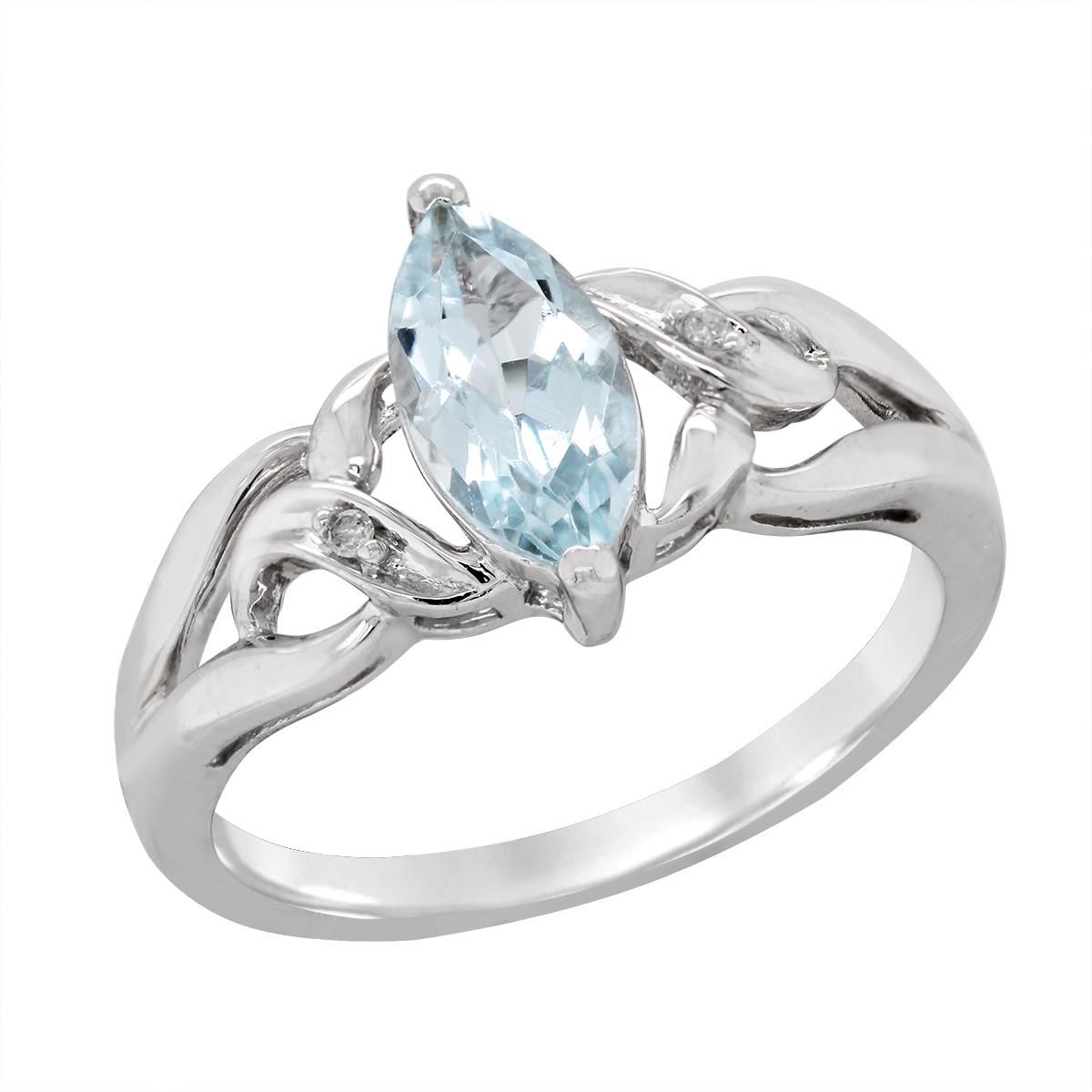 WHITE GOLD MARQUISE AQUAMARINE AND DIAMOND RING, 1/10 CT TW