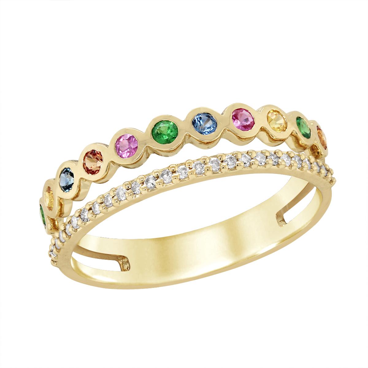 YELLOW GOLD MULTICOLOR SAPPHIRE AND DIAMOND RING, .11 CT TW