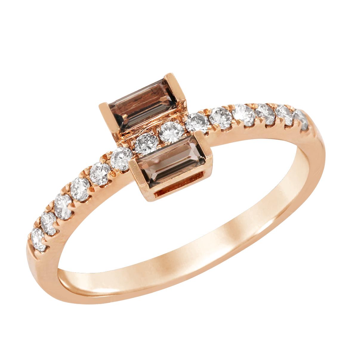ROSE GOLD BAGUETTE BROWN QUARTZ AND DIAMOND RING,  1/4 CT TW