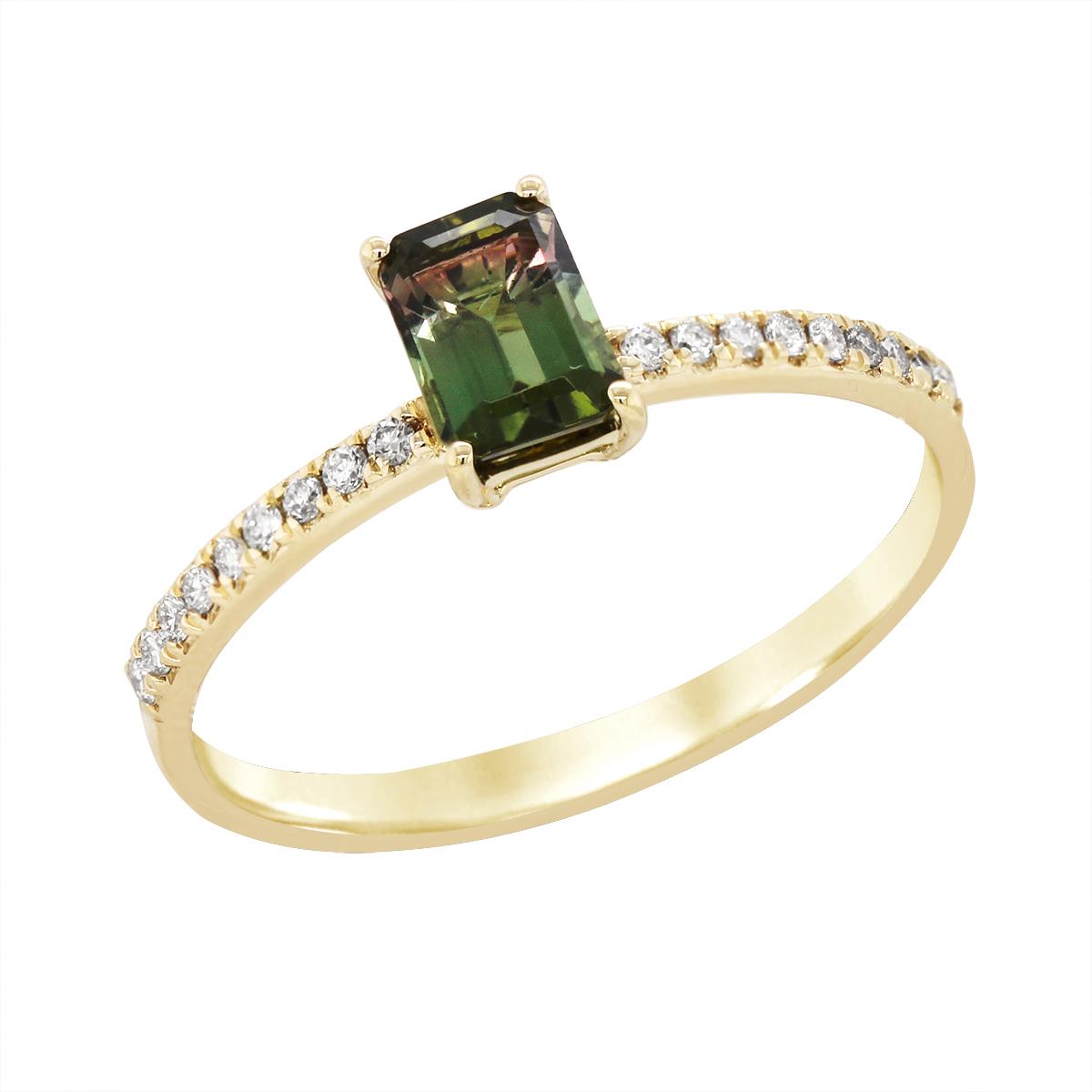 YELLOW GOLD WATERMELON TOURMALINE AND DIAMOND RING, .09 CT TW