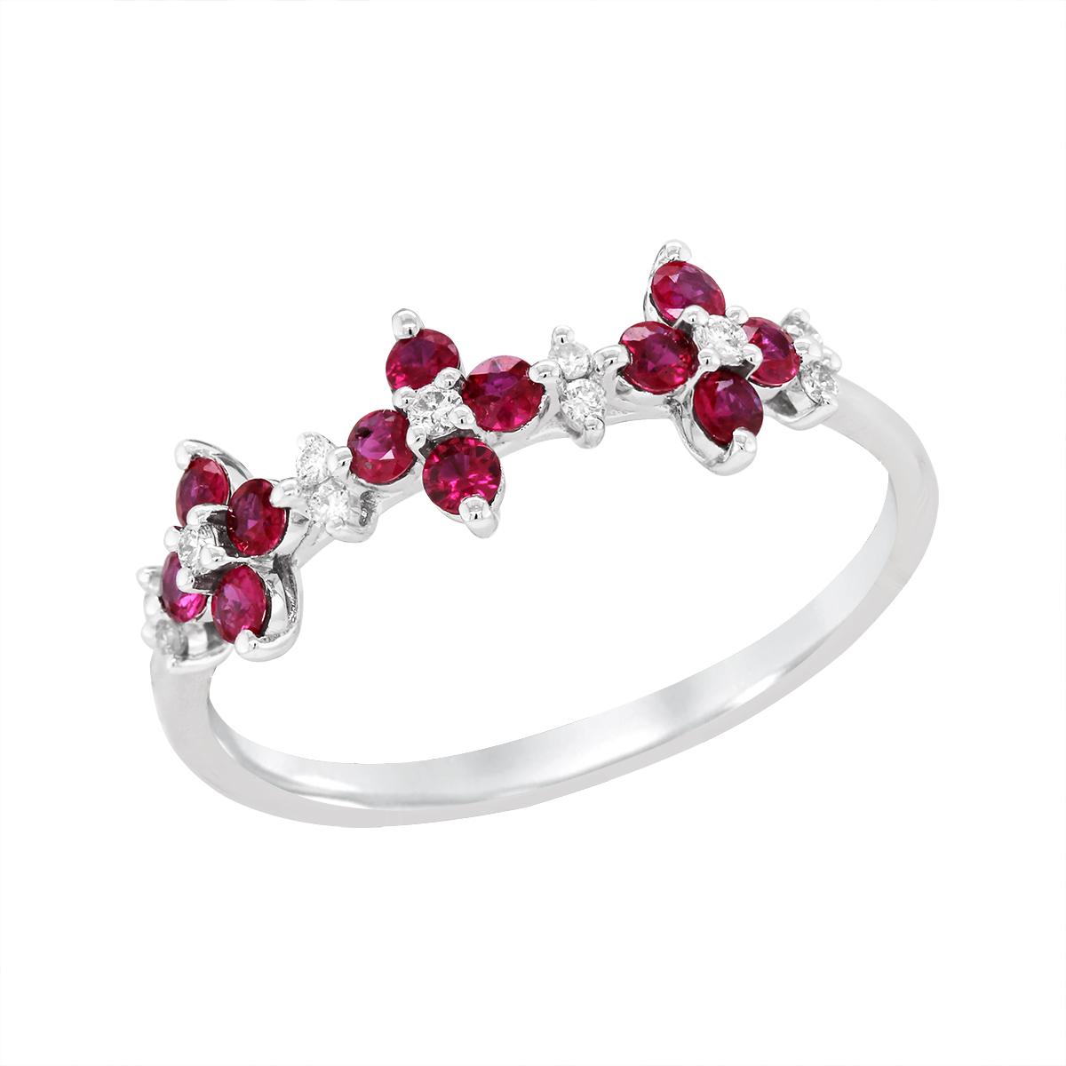 WHITE GOLD RUBY AND DIAMOND FLORAL RING, .08 CT TW