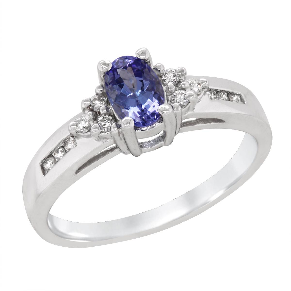 WHITE GOLD OVAL TANZANITE WITH CHANNEL SET SIDE DIAMONDS, 1/5 CT TW
