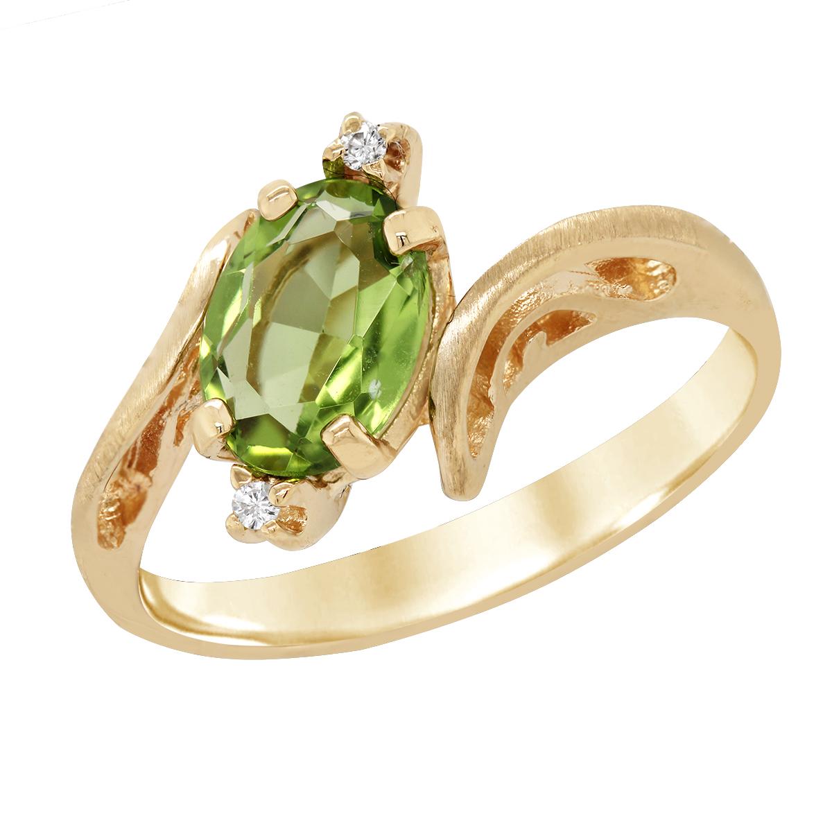 YELLOW GOLD OVAL PERIDOT BYPASS RING WITH DIAMONDS, 1/10 CT TW