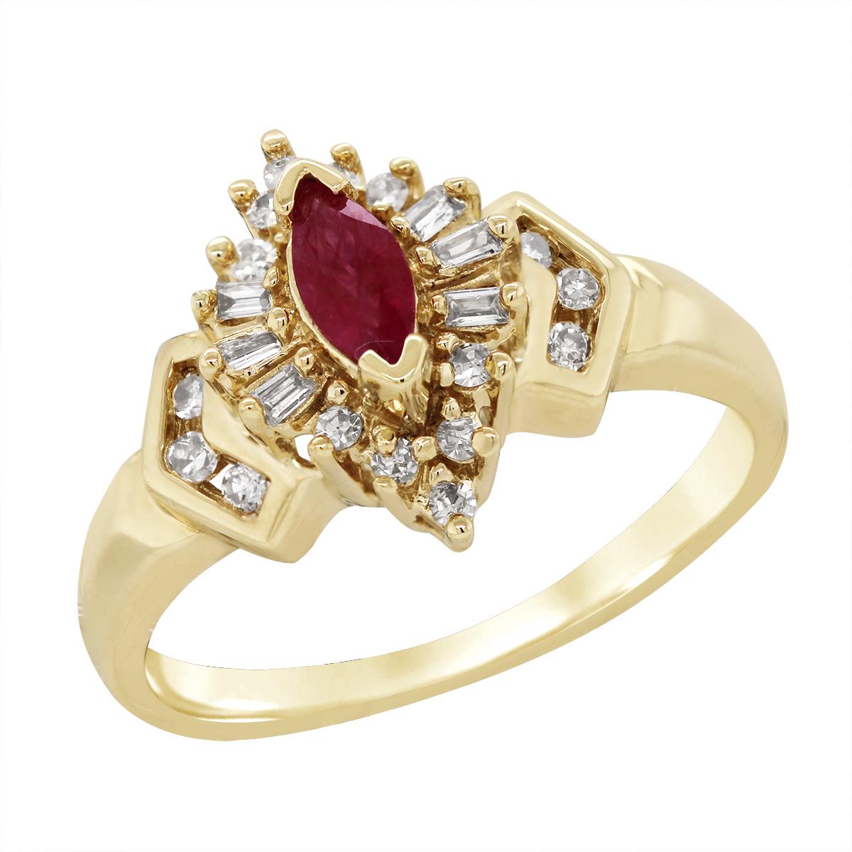 YELLOW GOLD MARQUISE RUBY RING WITH DIAMONDS, 1/4 CT TW