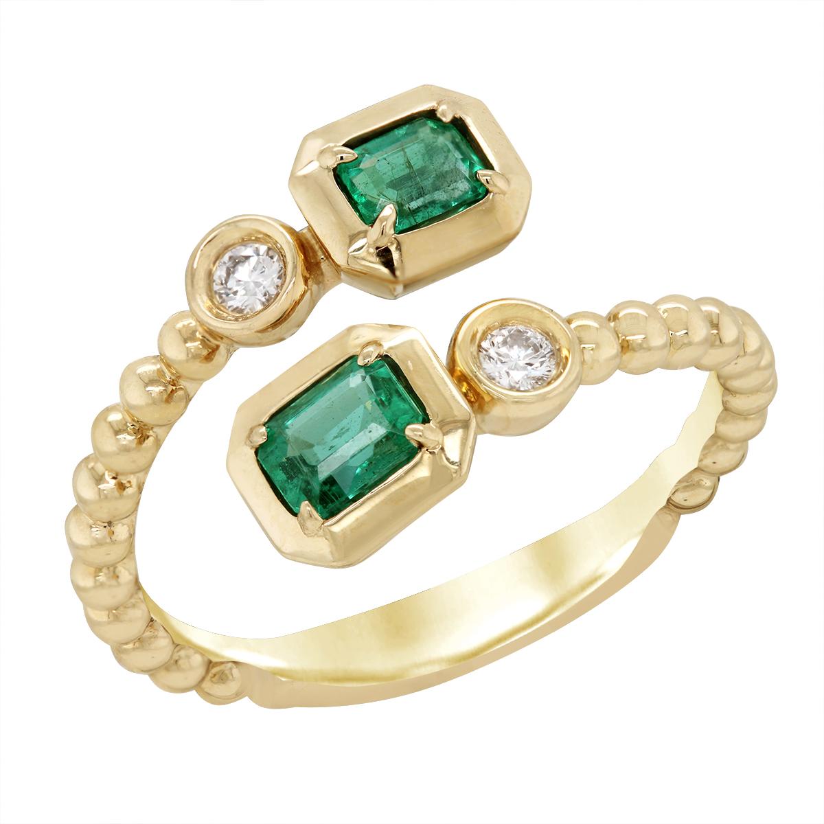 YELLOW GOLD BYPASS STYLE EMERALD AND DIAMOND RING, .08 CT TW