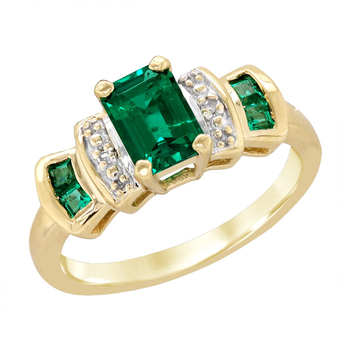 YELLOW GOLD DIAMOND AND LAB GROWN EMERALD RING, 1/10 CT TW