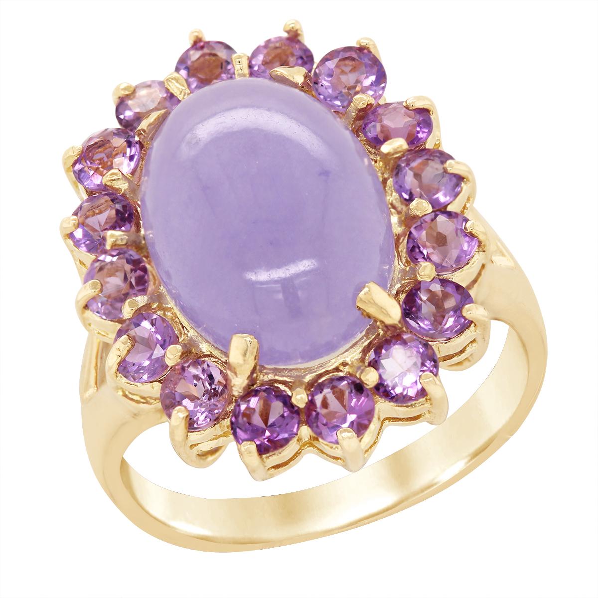 YELLOW GOLD OVAL JADE RING WITH HALO OF AMETHYSTS
