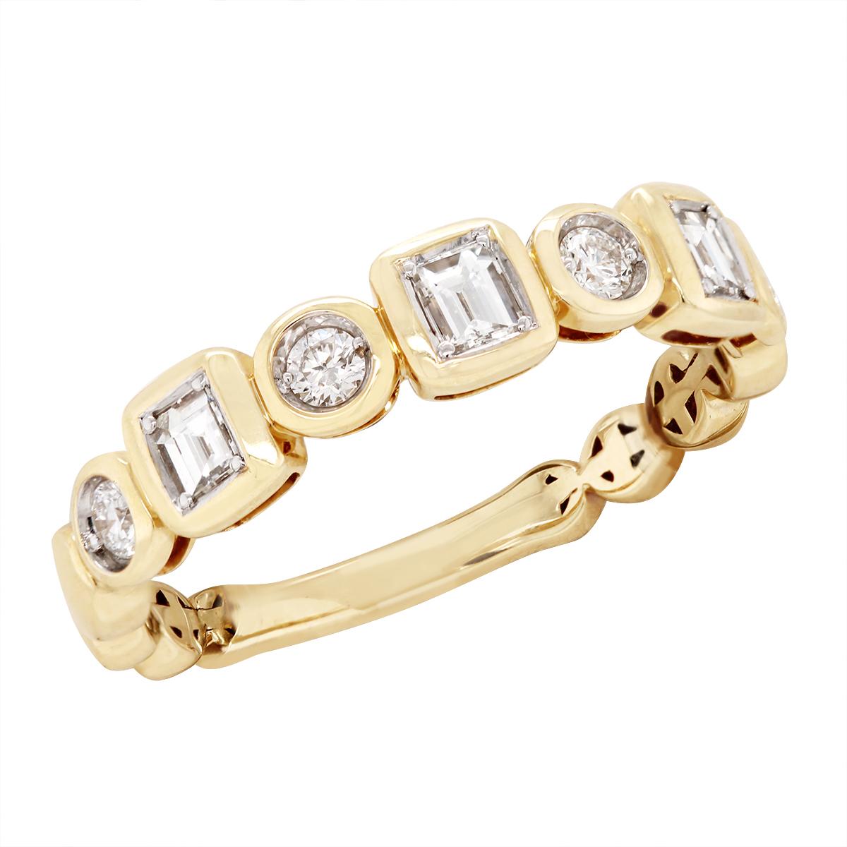 YELLOW GOLD ROUND AND EMERALD CUT DIAMOND WEDDING BAND, .50 CT TW