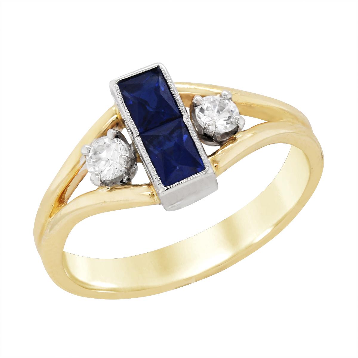 YELLOW GOLD FRENCH CUT SAPPHIRES AND ROUND DIAMOND RING, 1/4 CT TW