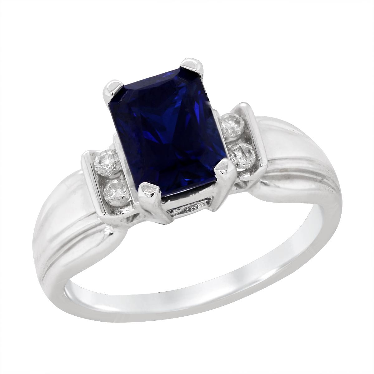 WHITE GOLD EMERALD CUT SAPPHIRE RING WITH DIAMONDS, 1/10 CT TW