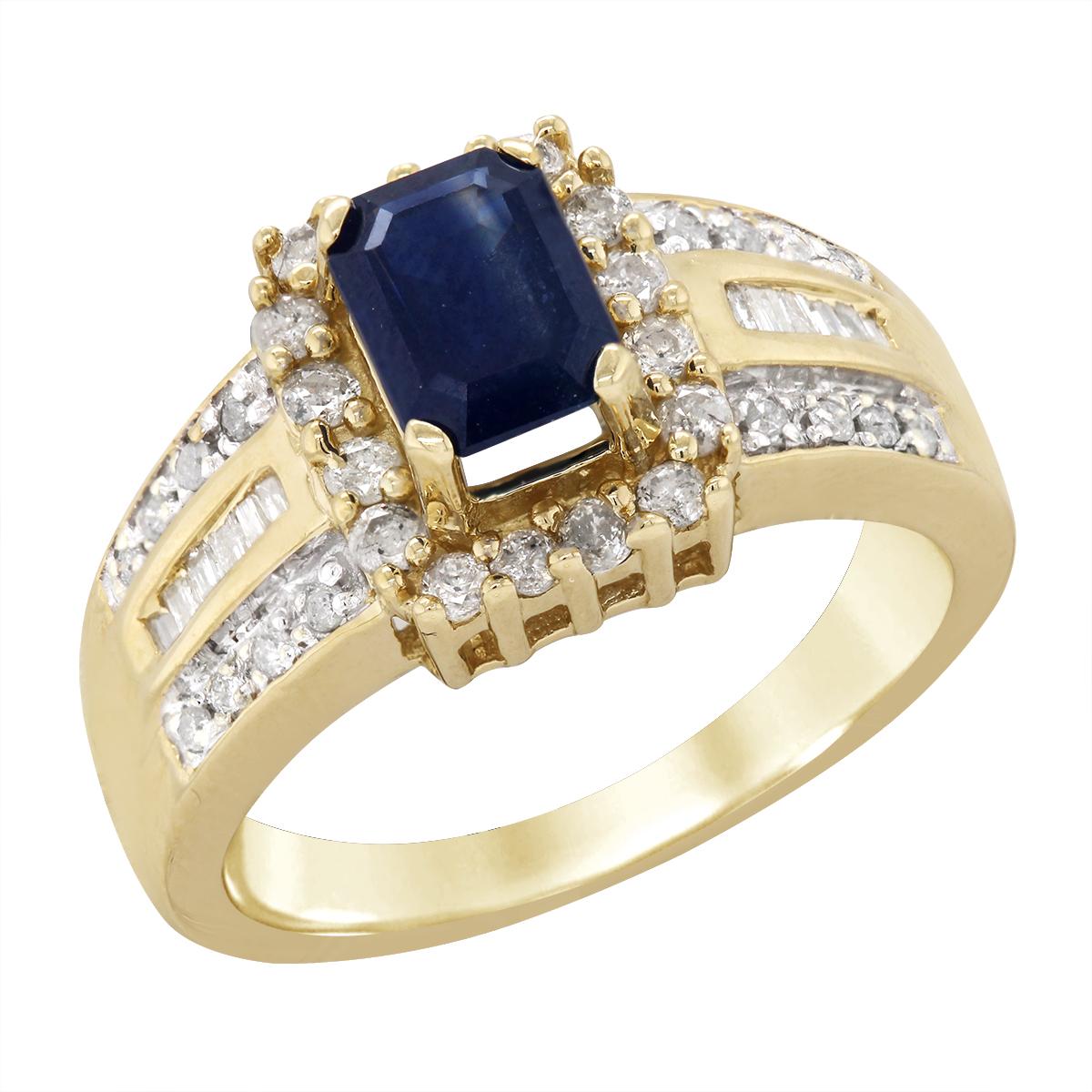 YELLOW GOLD EMERALD CUT SAPPHIRE AND DIAMOND RING, 3/4 CT TW