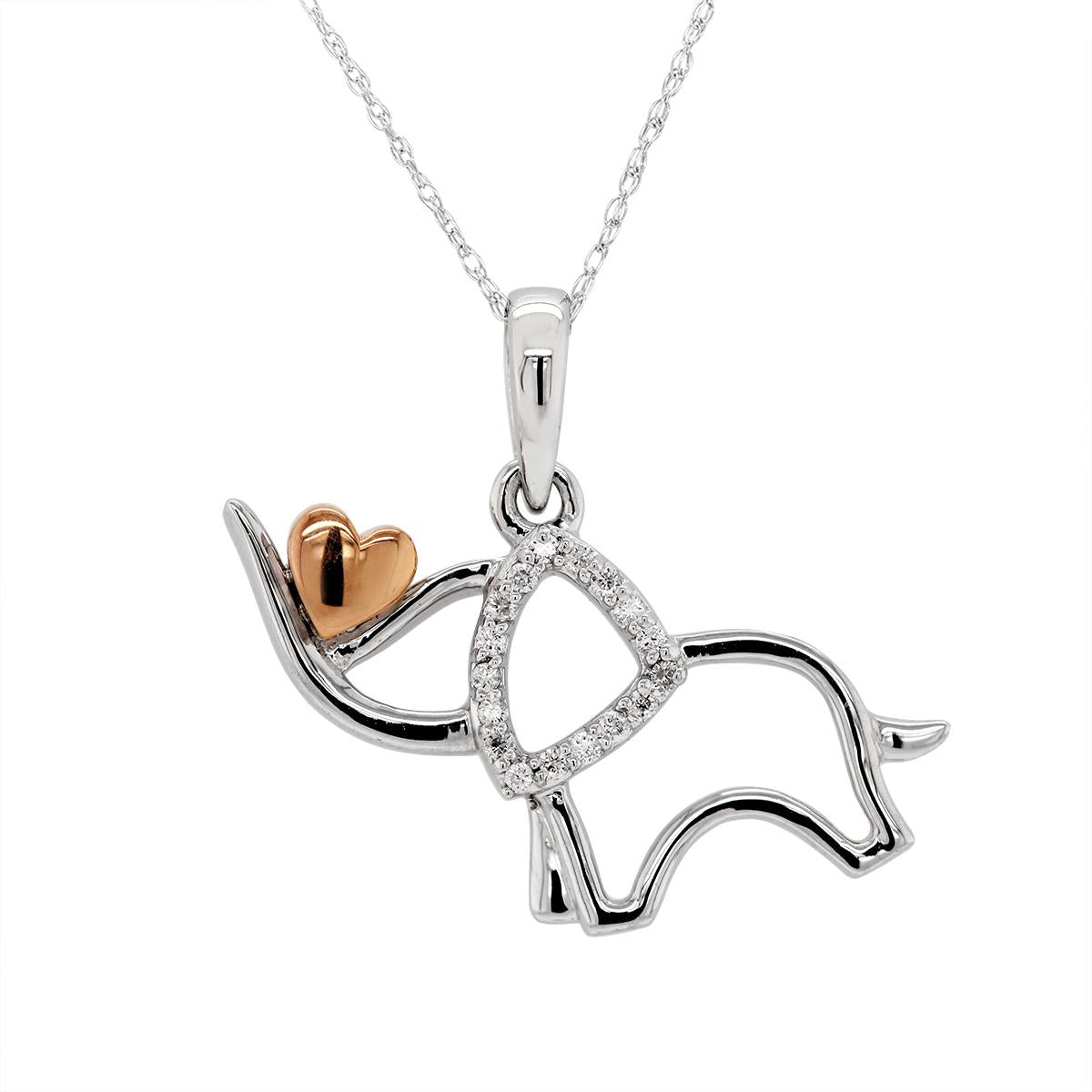 TWO-TONE GOLD ELEPHANT AND HEART NECKLACE WITH DIAMONDS, 1/20 CT TW
