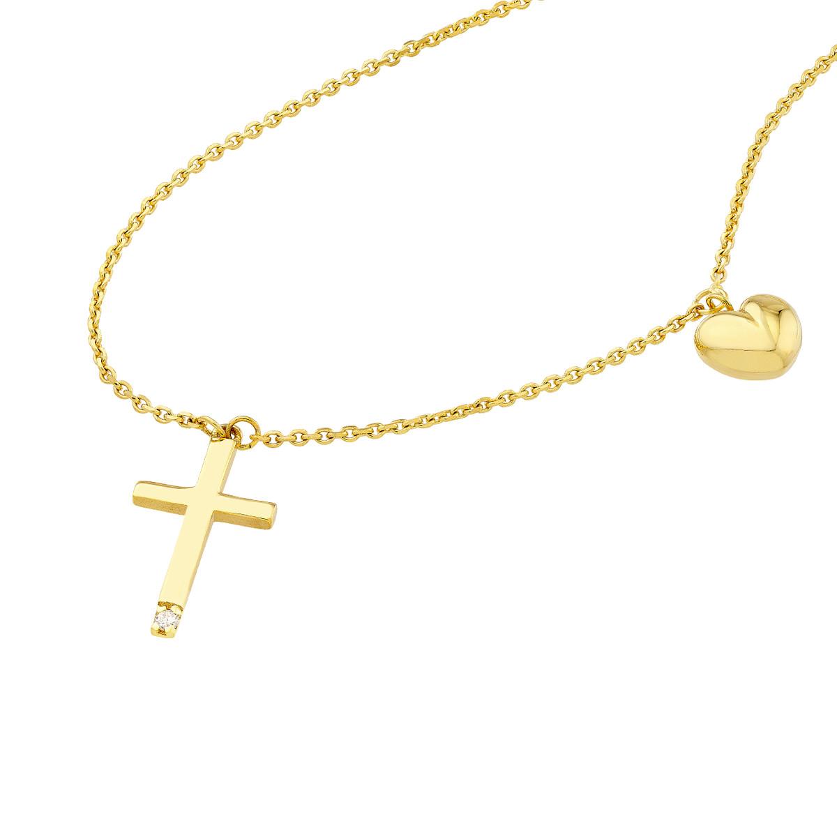 YELLOW GOLD CROSS AND HEART NECKLACE, .005 CT TW