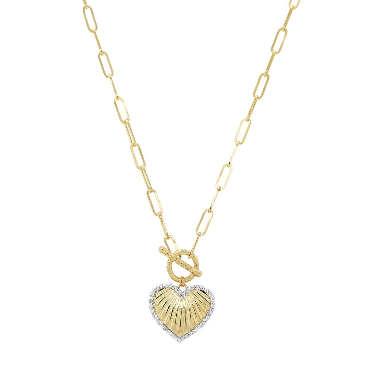 YELLOW GOLD HEART PENDANT WITH DIAMONDS AND PAPERCLIP NECKLACE