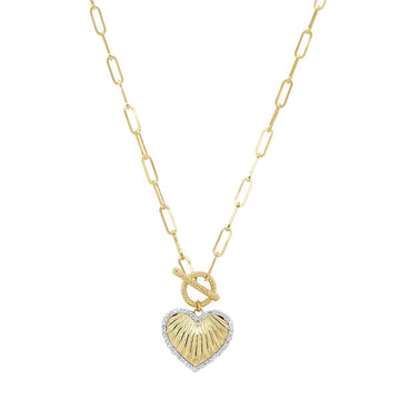 YELLOW GOLD HEART PENDANT WITH DIAMONDS AND PAPERCLIP NECKLACE