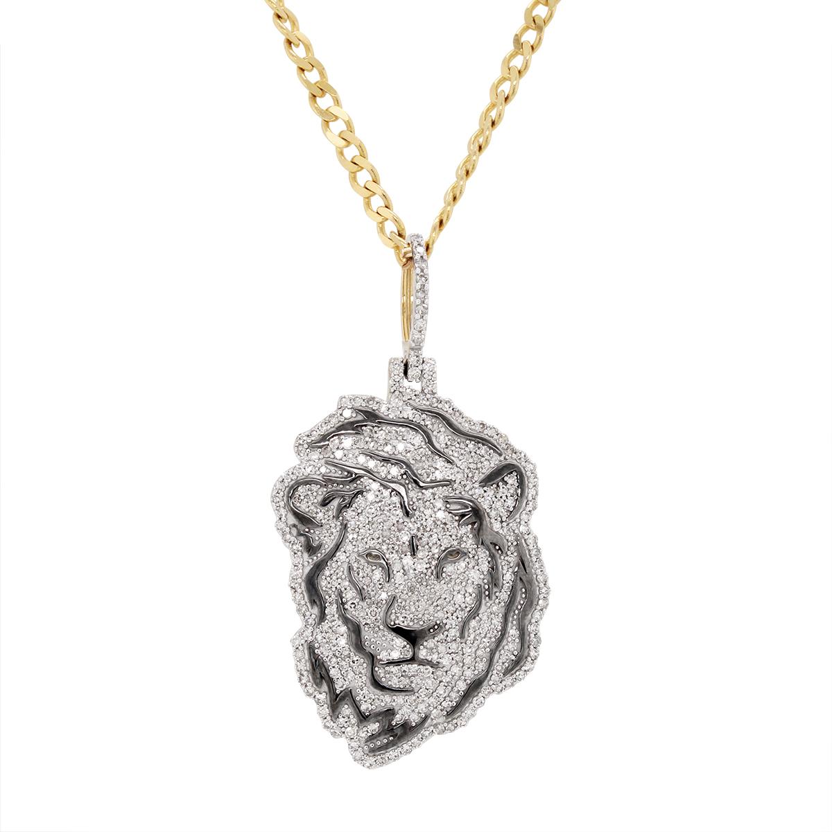 TWO-TONE GOLD LION FACE CHARM PENDANT WITH DIAMONDS, 2 1/4 CT TW