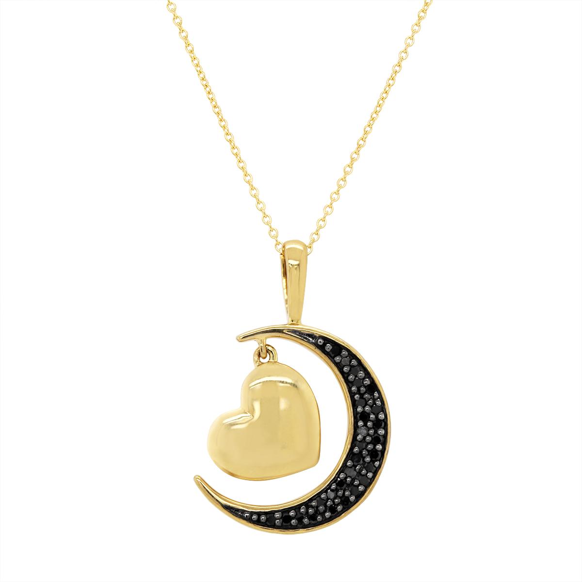 GOLD HEART AND MOON PENDANT WITH BLACK DIAMONDS, .10 CT TW