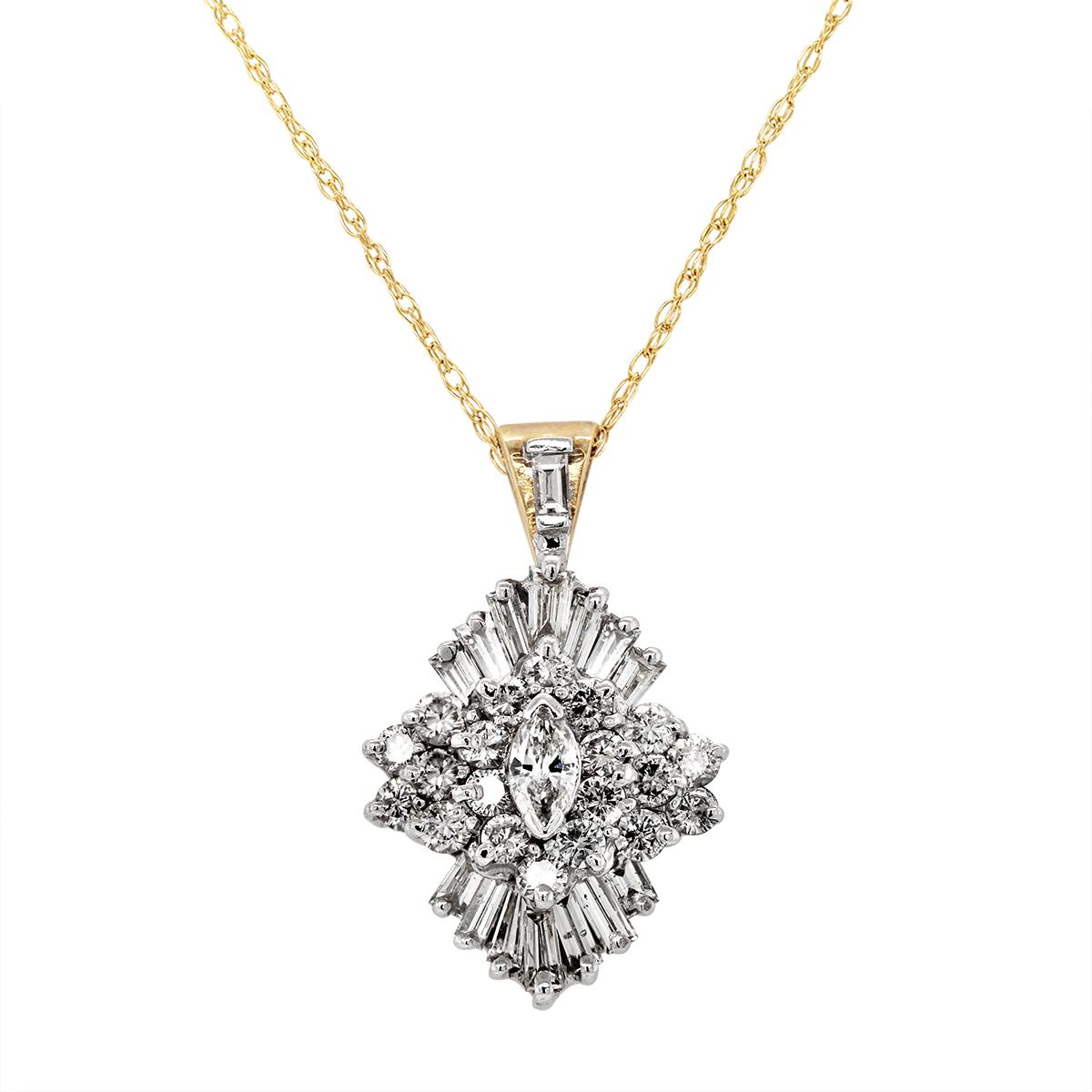 YELLOW GOLD BAGUETTE AND ROUND DIAMOND PENDANT, 2.00 CT TW