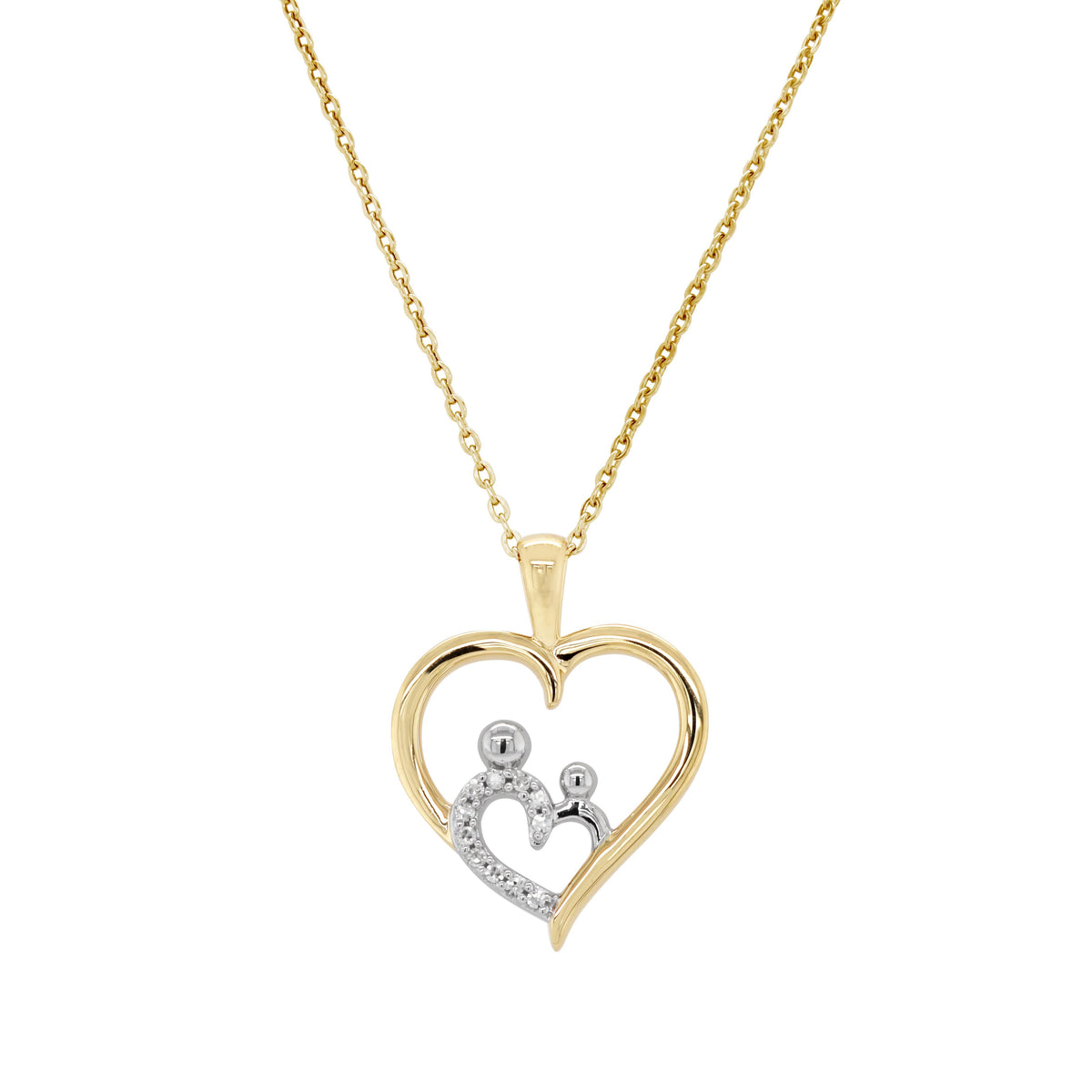 YELLOW GOLD HEART INSIDE HEART PENDANT NECKLACE, .03 CT TW