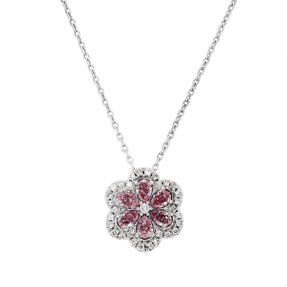 WHITE GOLD PINK RHODIUM DIAMOND FLOWER PENDANT, .12 CT TW