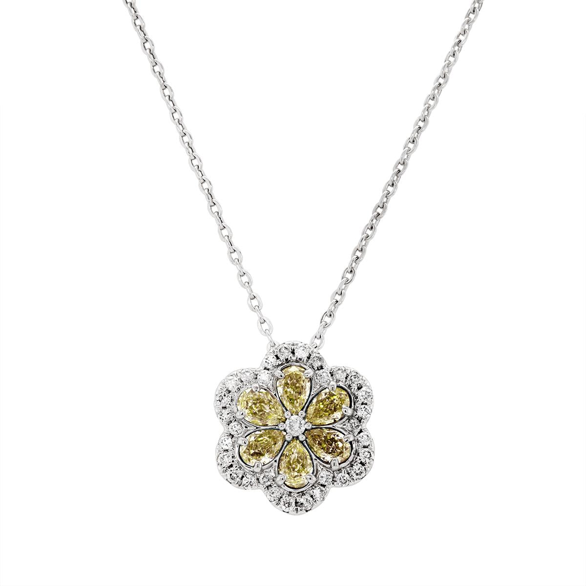 WHITE GOLD YELLOW DIAMOND FLOWER PENDANT, .12 CT TW