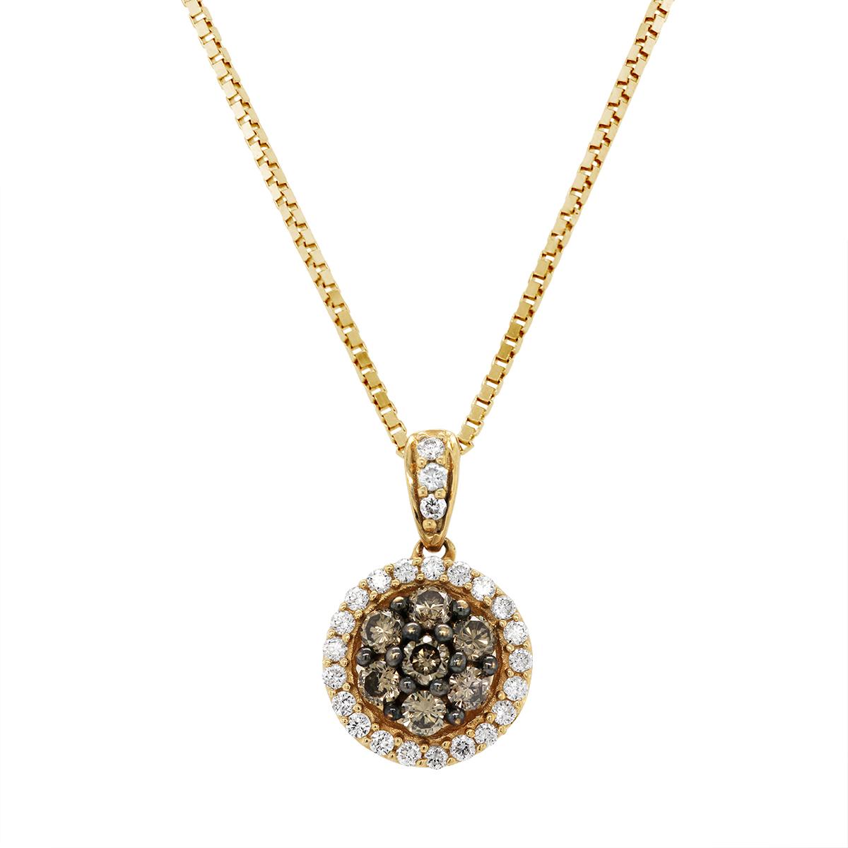YELLOW GOLD CIRCLE PENDANT WITH WHITE AND BROWN DIAMONDS, 1/2 CT TW