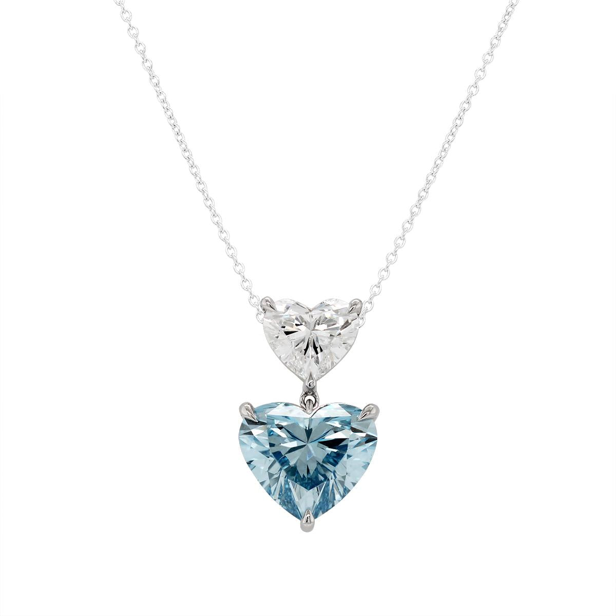 WHITE GOLD BLUE HEART SHAPE DIAMOND NECKLACE PENDANT, 4.12 CT TW