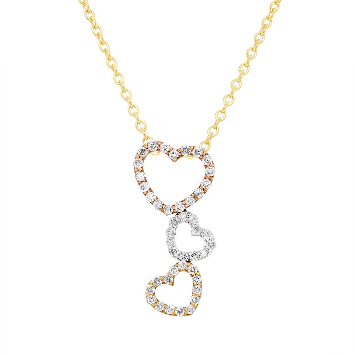 TRI-TONE GOLD DIAMOND TRIPLE HEART PENDANT NECKLACE, .94 CT TW
