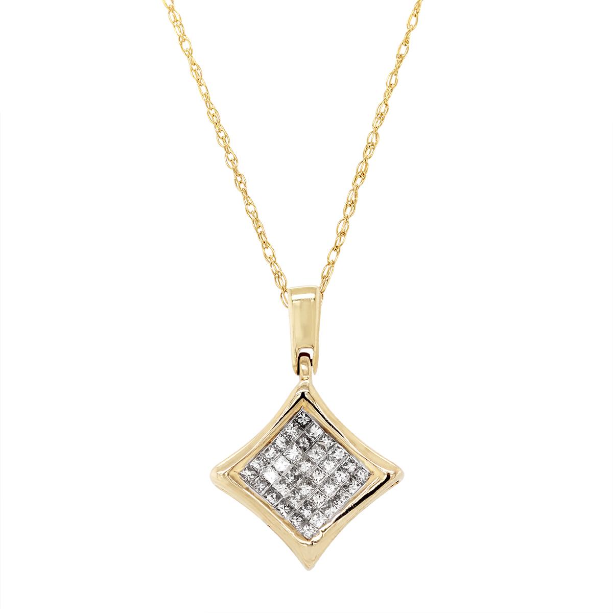 YELLOW GOLD INVISIBLE SET PRINCESS CUT DIAMOND PENDANT, 1/3 CT TW