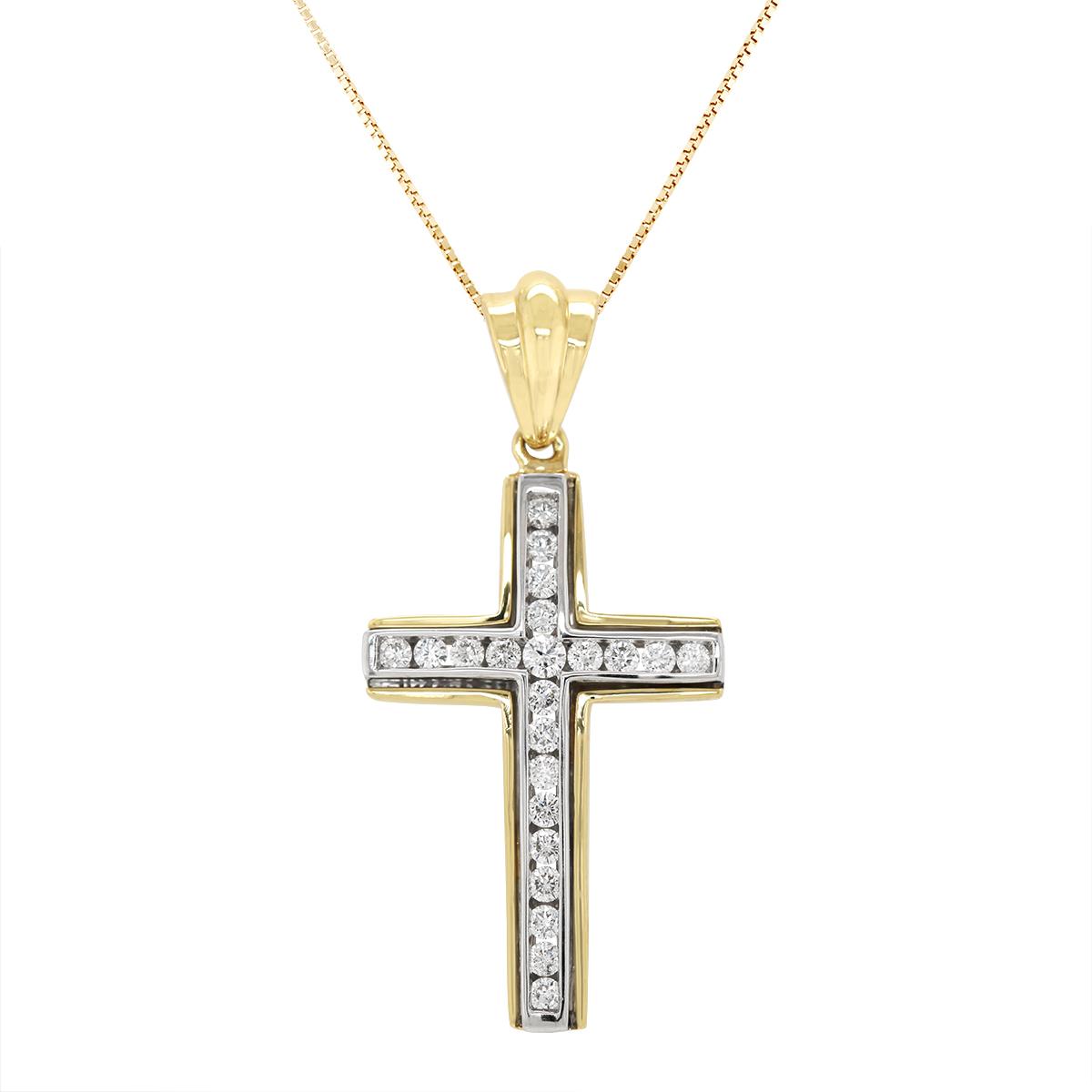 TWO-TONE GOLD DIAMOND CROSS PENDANT, .69 CT TW
