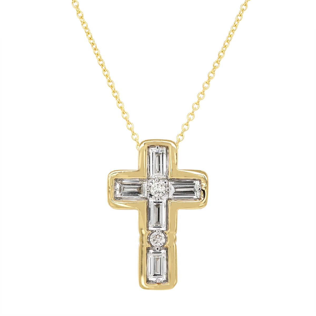 YELLOW GOLD PUFFED CROSS PENDANT WITH DIAMONDS, .63 CT TW