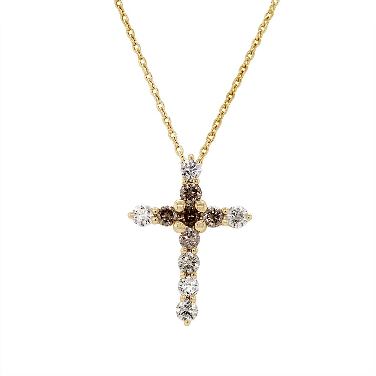 YELLOW GOLD BROWN AND WHITE DIAMOND CROSS PENDANT, .50 CT TW