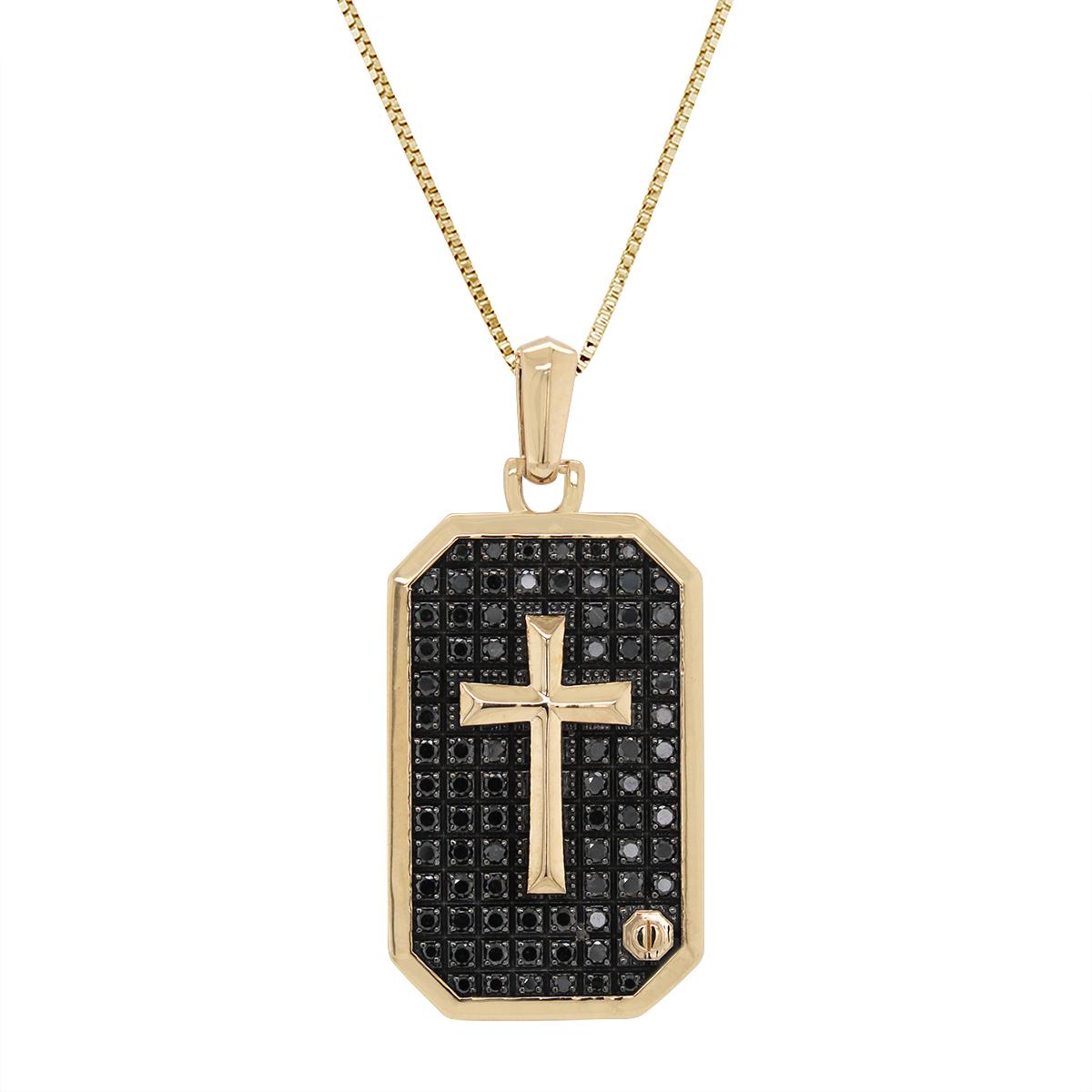 MEN'S GOLD DOG TAG CROSS PENDANT WITH BLACK DIAMONDS, 1.00 CT TW