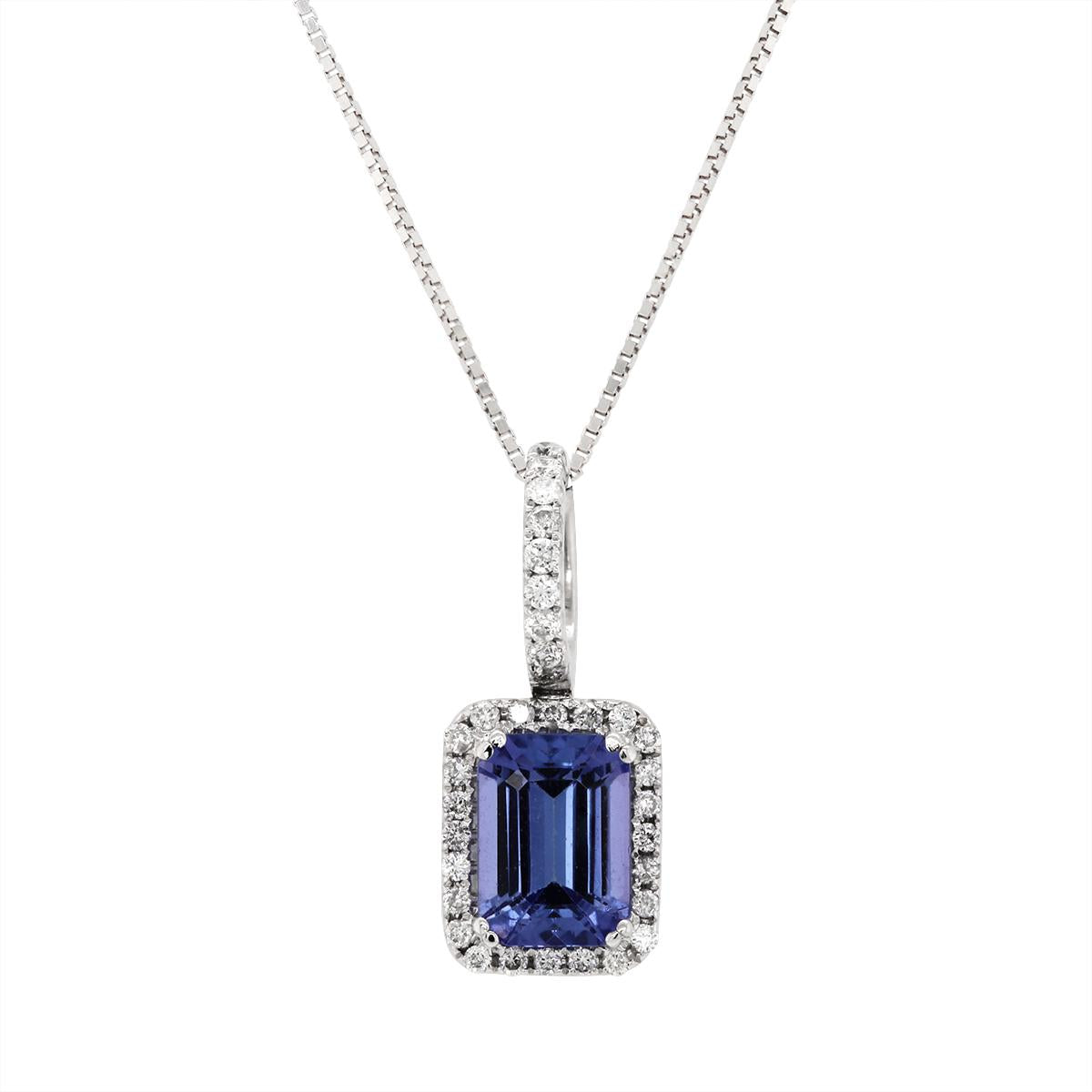 WHITE GOLD EMERALD CUT TANZANITE PENDANT WITH DIAMONDS, .15 CT TW