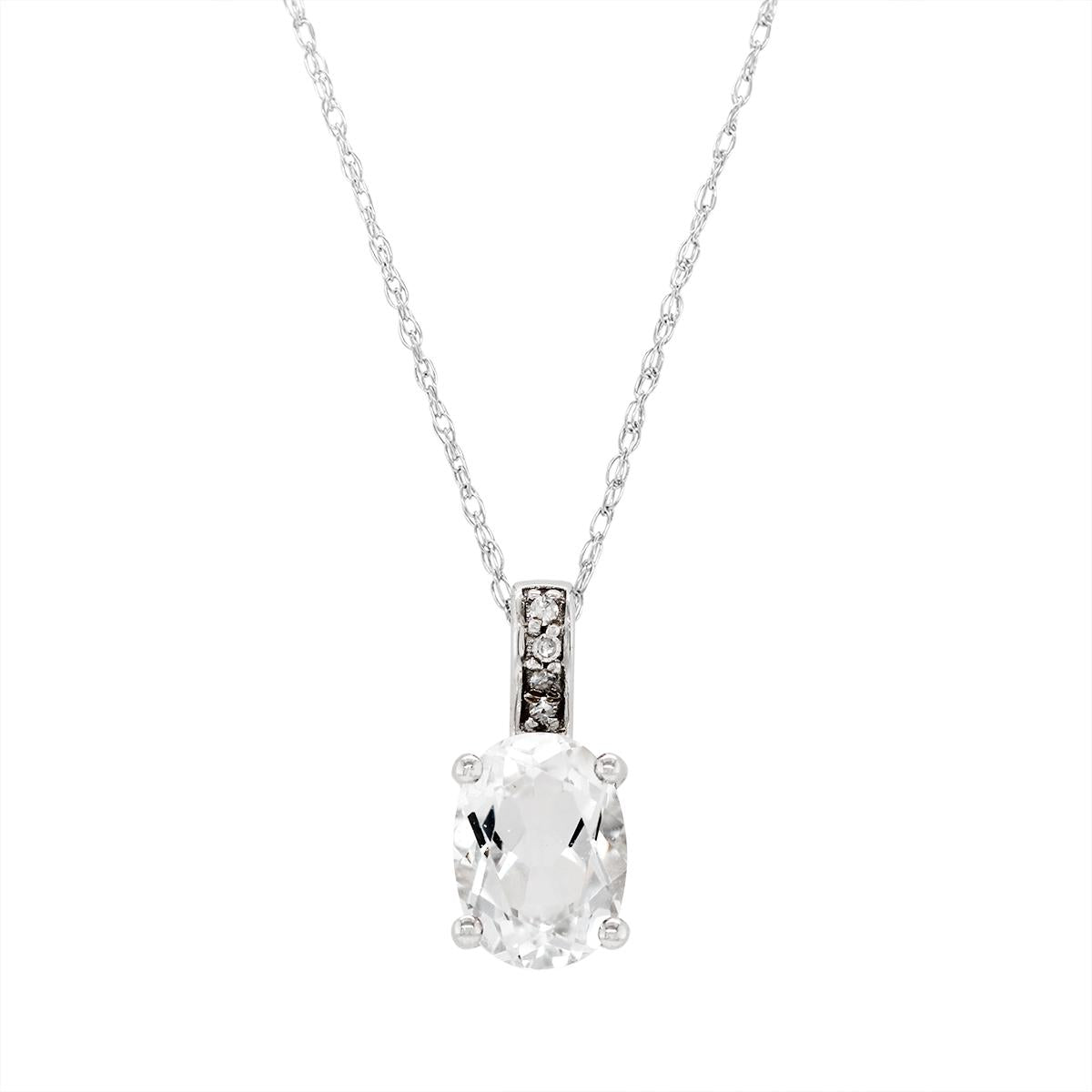 WHITE GOLD OVAL TOPAZ NECKLACE WITH SIDE DIAMONDS, .02 CT TW