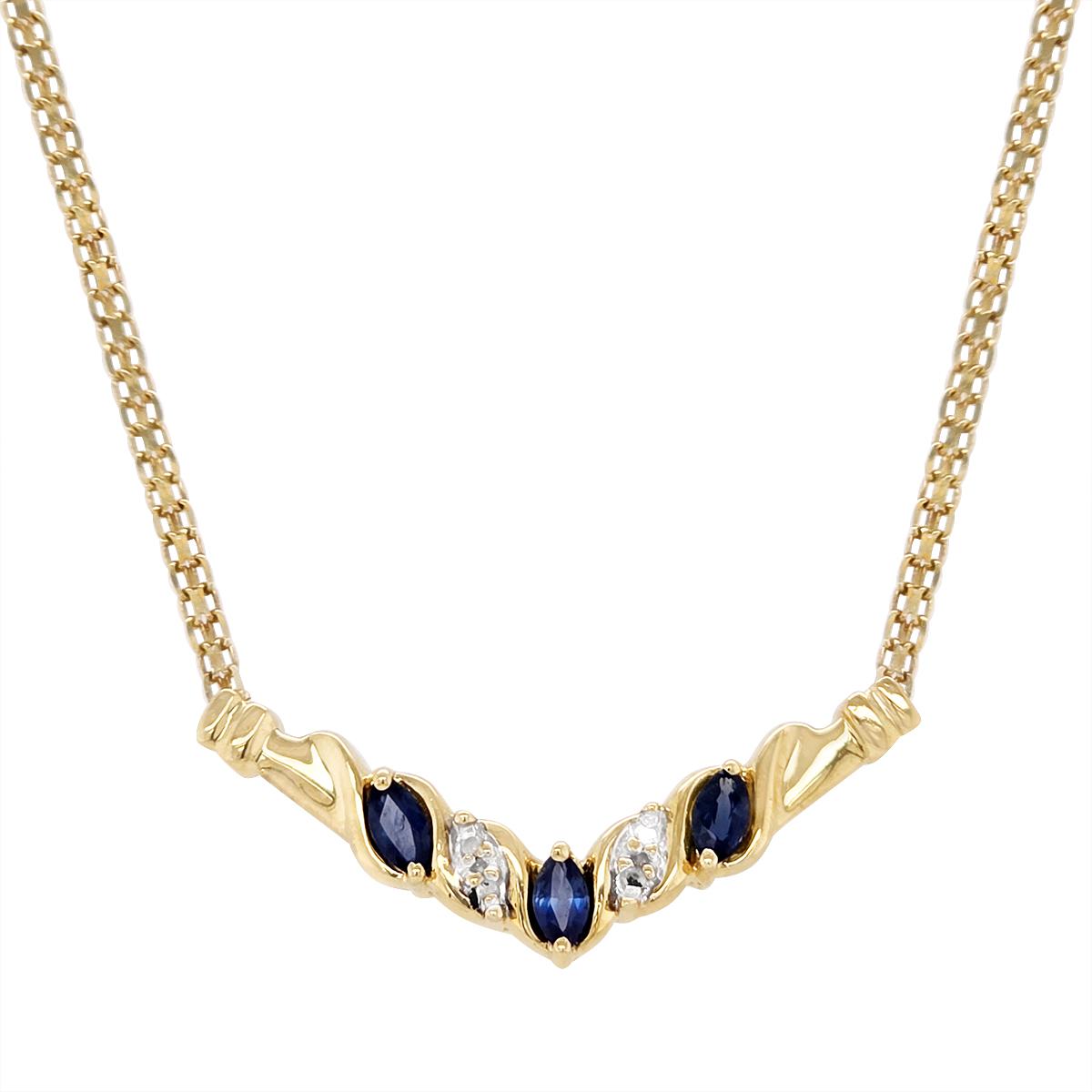 YELLOW GOLD NECKLACE WITH MARQUISE SAPPHIRES, .02 CT TW