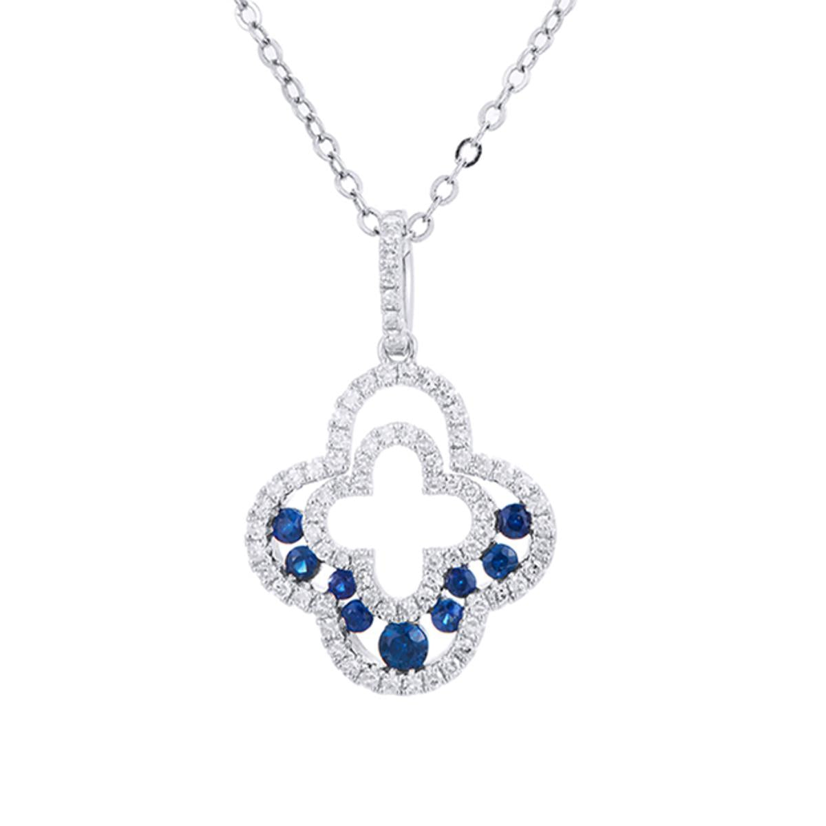 WHITE GOLD FOUR LEAF CLOVER PENDANT WITH SAPPHIRES AND DIAMONDS, .50 CT TW