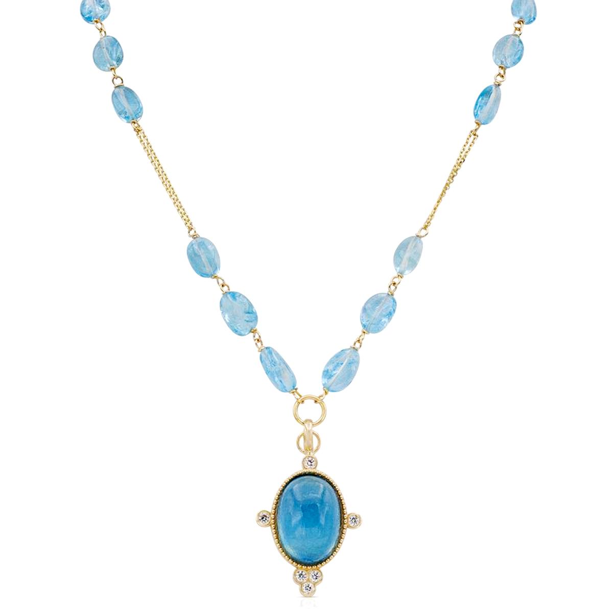YELLOW GOLD AND AQUAMARINE NECKLACE WITH DIAMONDS, .25 CT TW