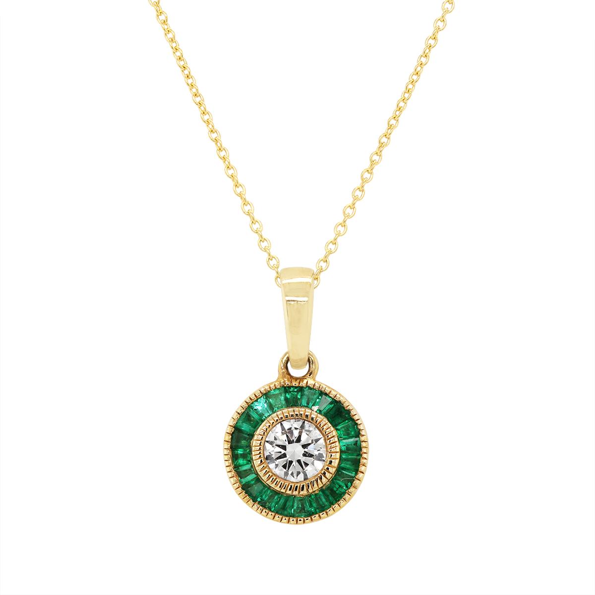 YELLOW GOLD BAGUETTE EMERALD AND DIAMOND PENDANT, .23 CT TW