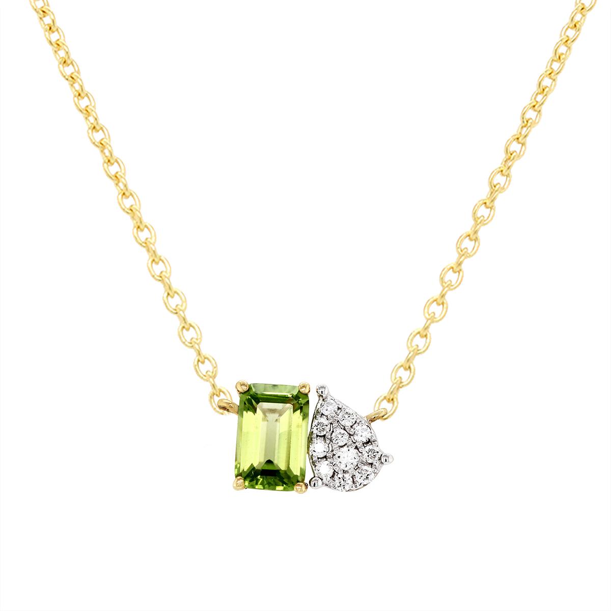 YELLOW GOLD EMERALD CUT PERIDOT AND PEAR DIAMOND PENDANT, .07 CT
