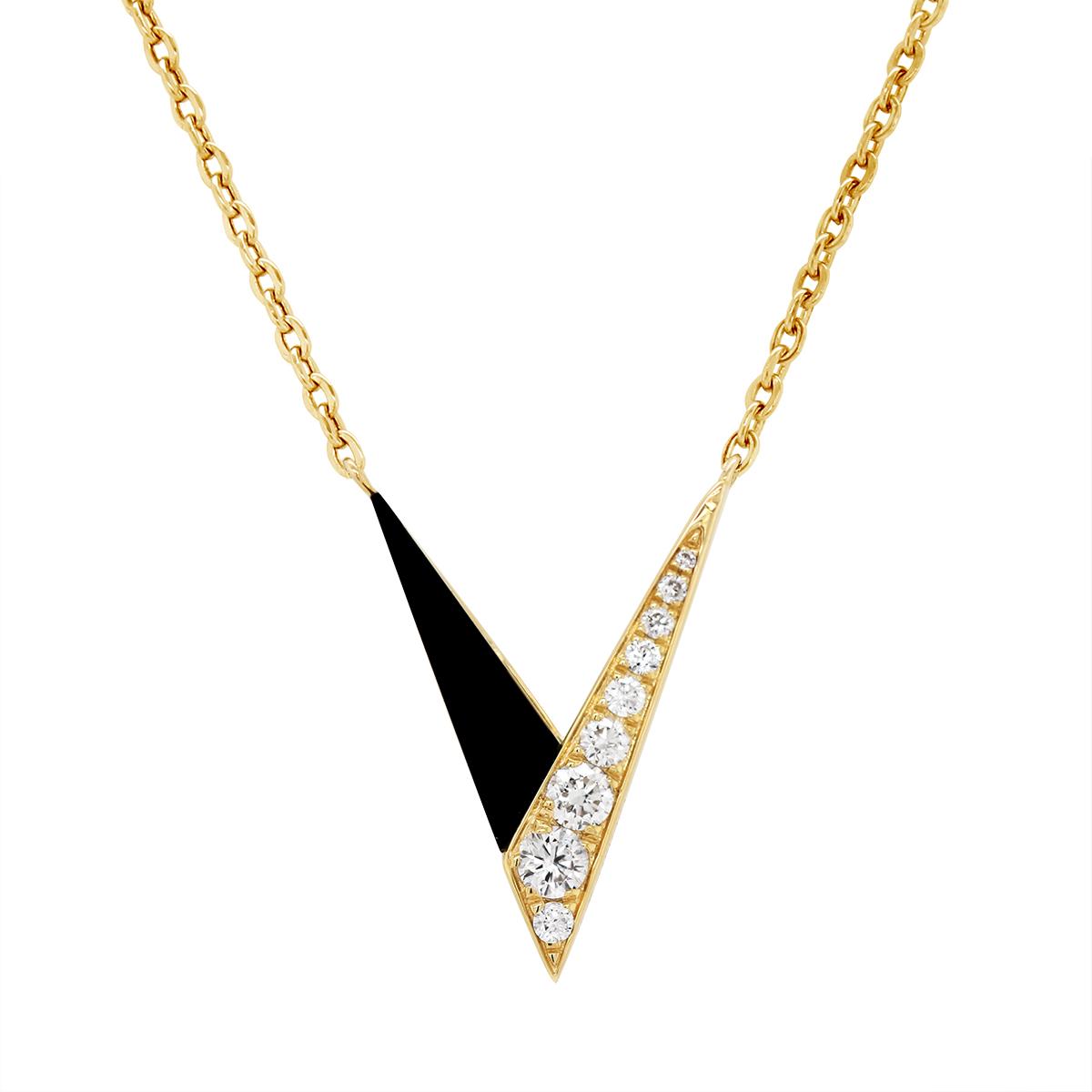YELLOW GOLD V SHAPED PENDANT WITH BLACK ONYX AND DIAMONDS, .21 CT TW