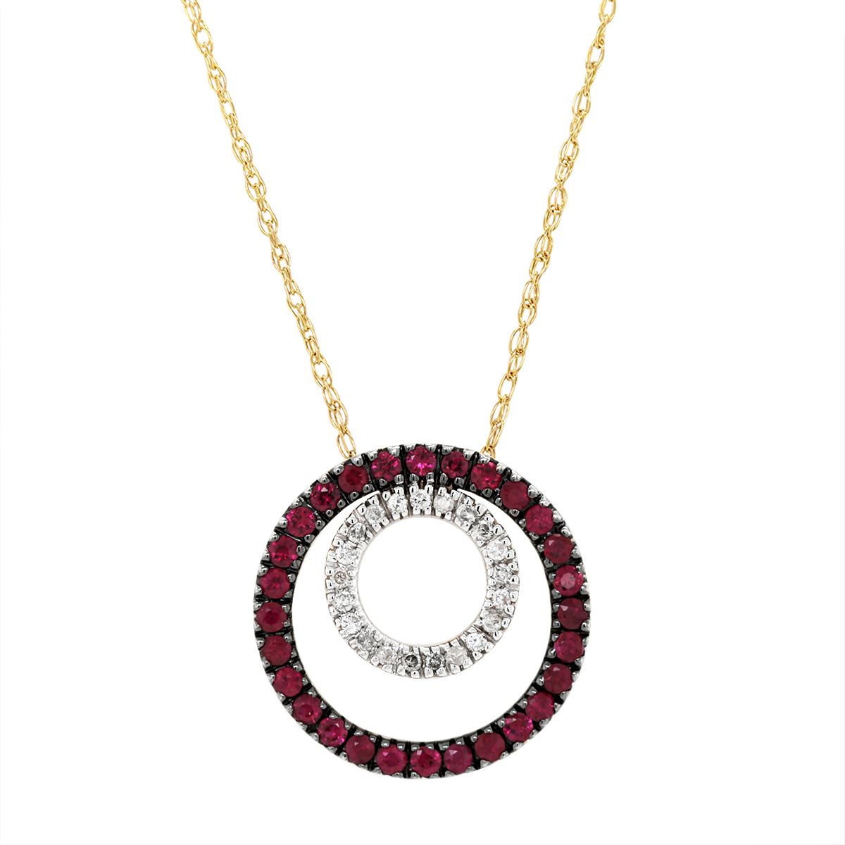 YELLOW GOLD OPEN CIRCLE PENDANT WITH RUBIES AND DIAMONDS, 1/10 CT TW